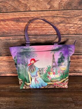 Anuschka "Paris Sunrise" hand-painted leather large shoulder tote!